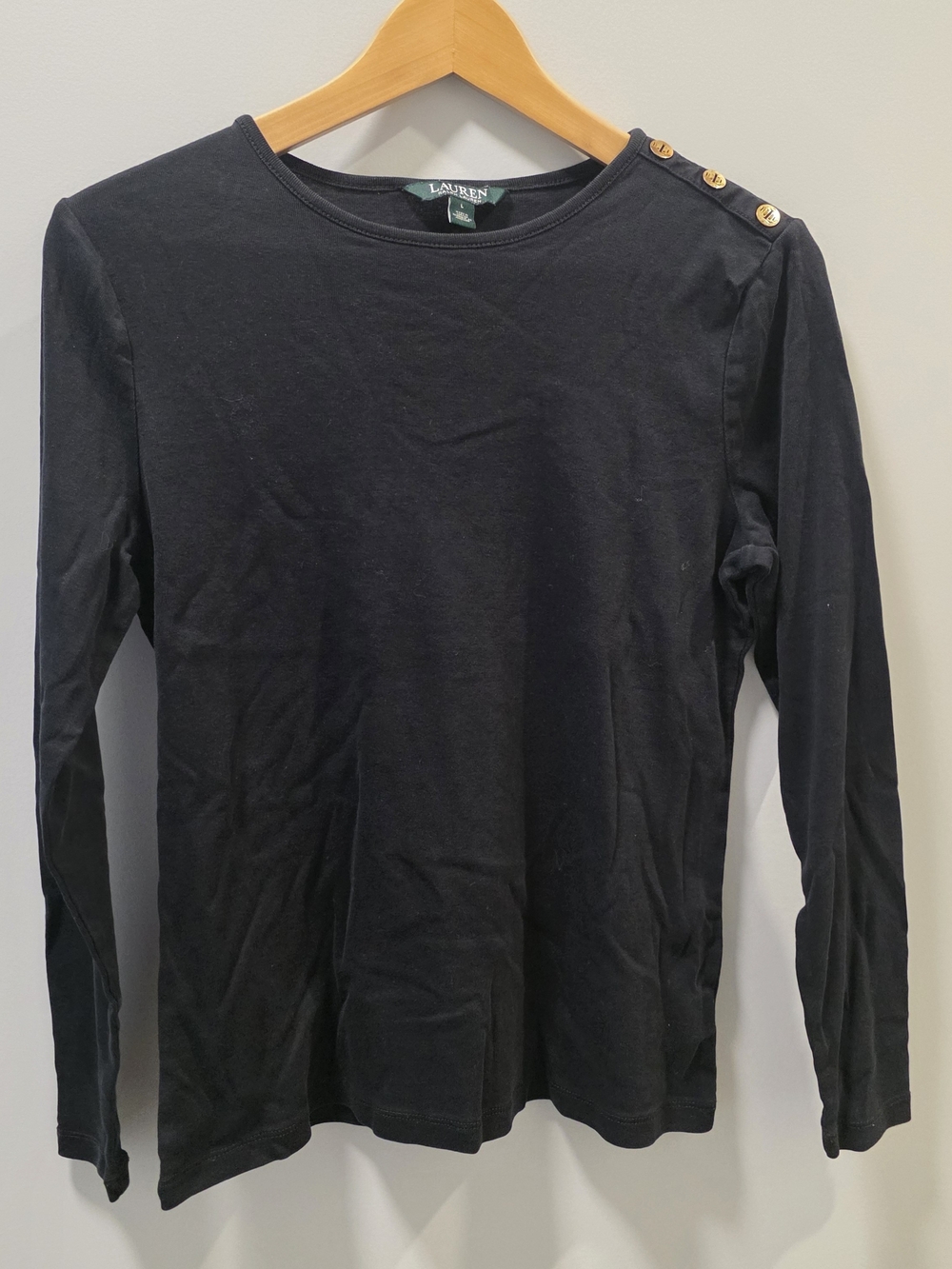 Lauren Ralph Lauren Black Long Sleeve Top Gold RL Button Shoulder Size L